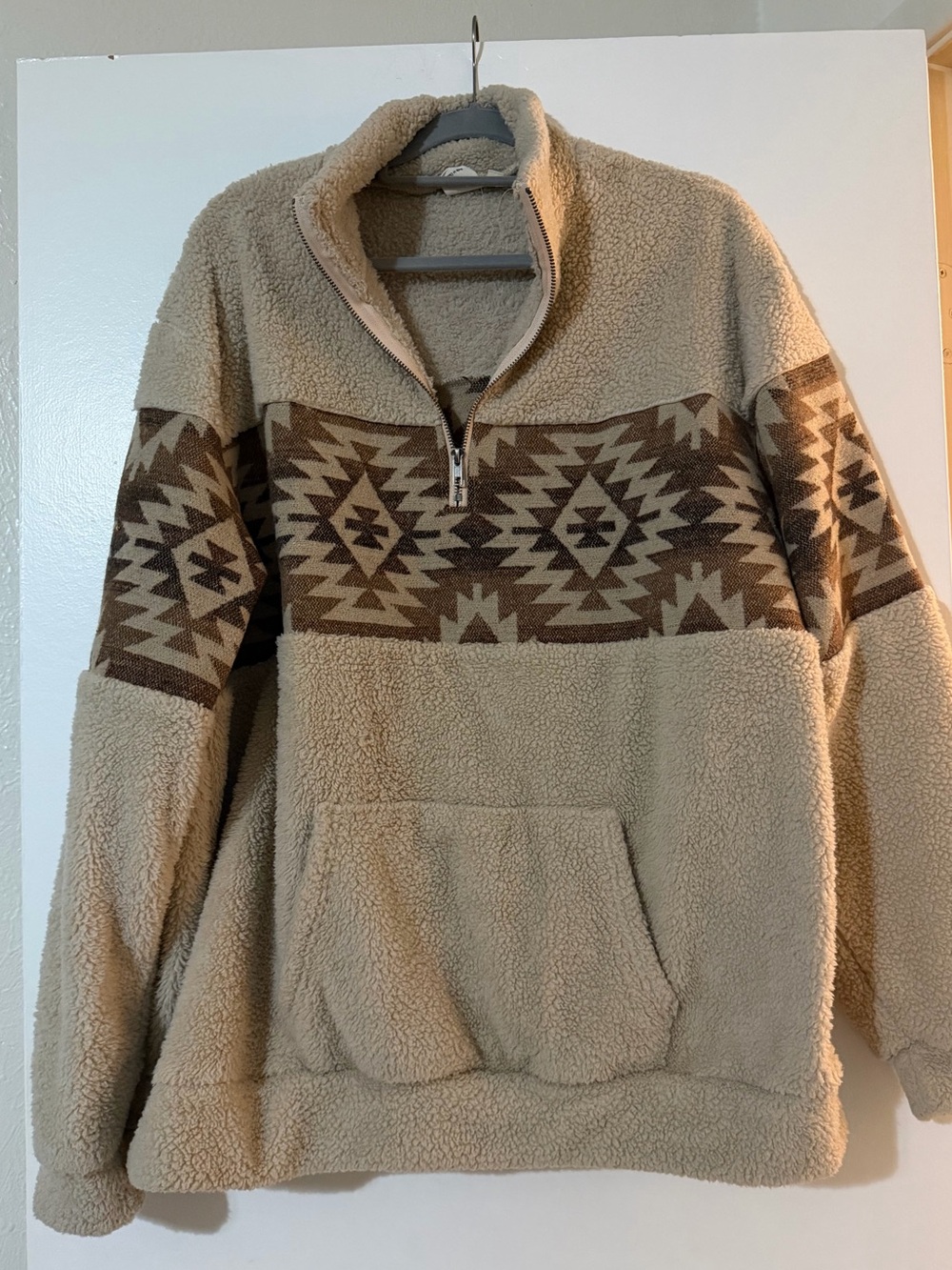 Women’s Sherpa Pullover Sweater with Aztec Stripe - Beige